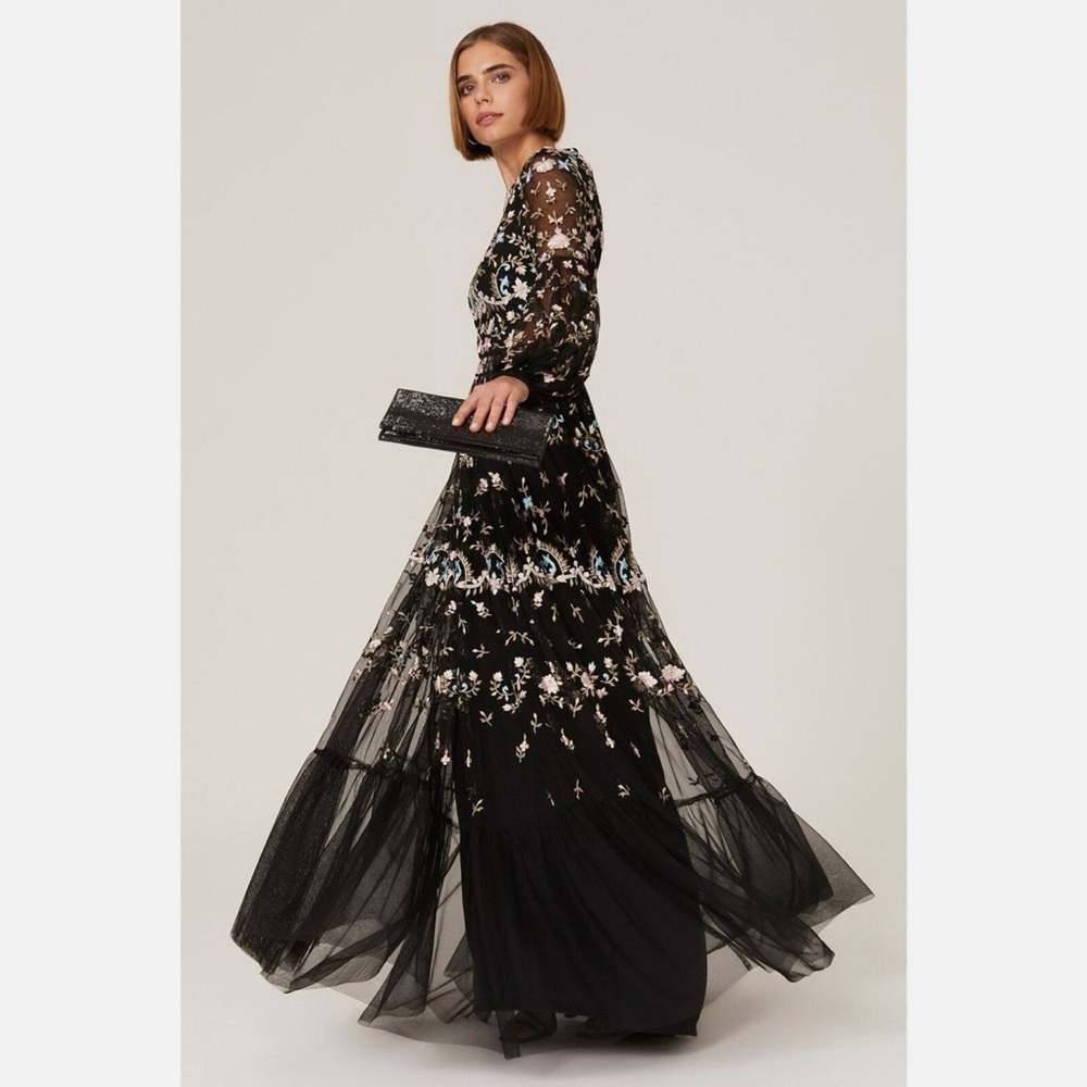 Mac Duggal Black Sheer Floral Embroidered Maxi Dress